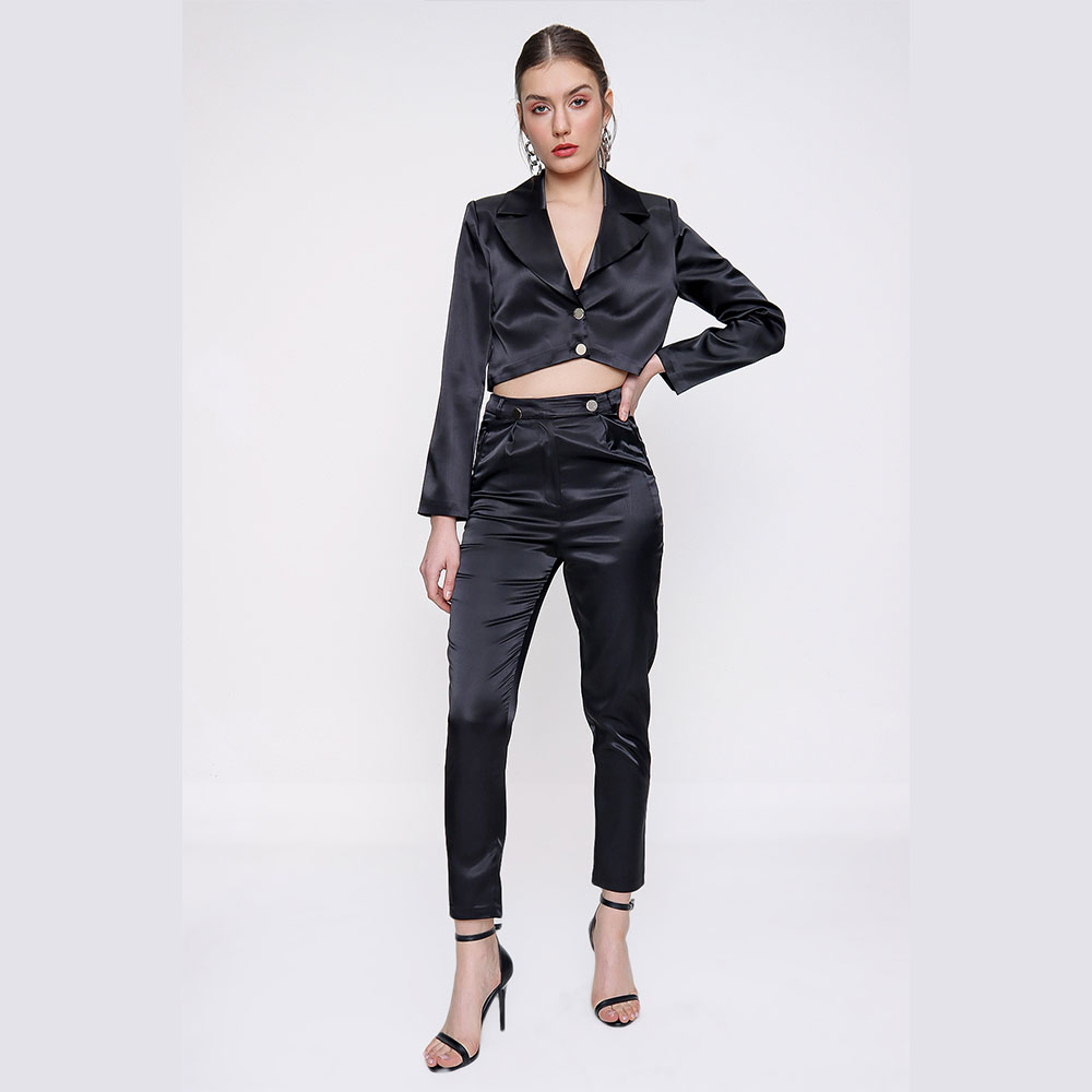 Women's Satin Black Trousers Blouse Set