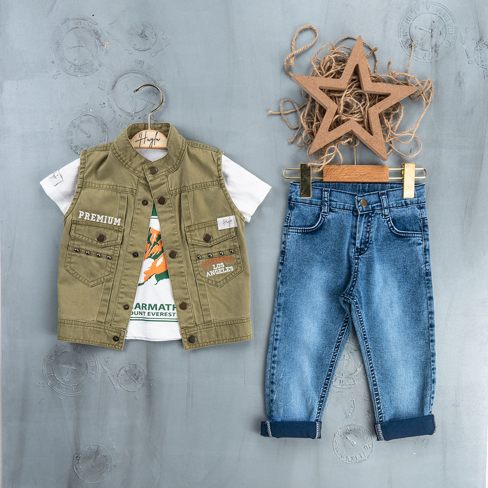 BOYS' SUIT WHOLESALE READY TOWEAR TRIPLE SUIT Jeans, shirt and sleeveless jacket 001