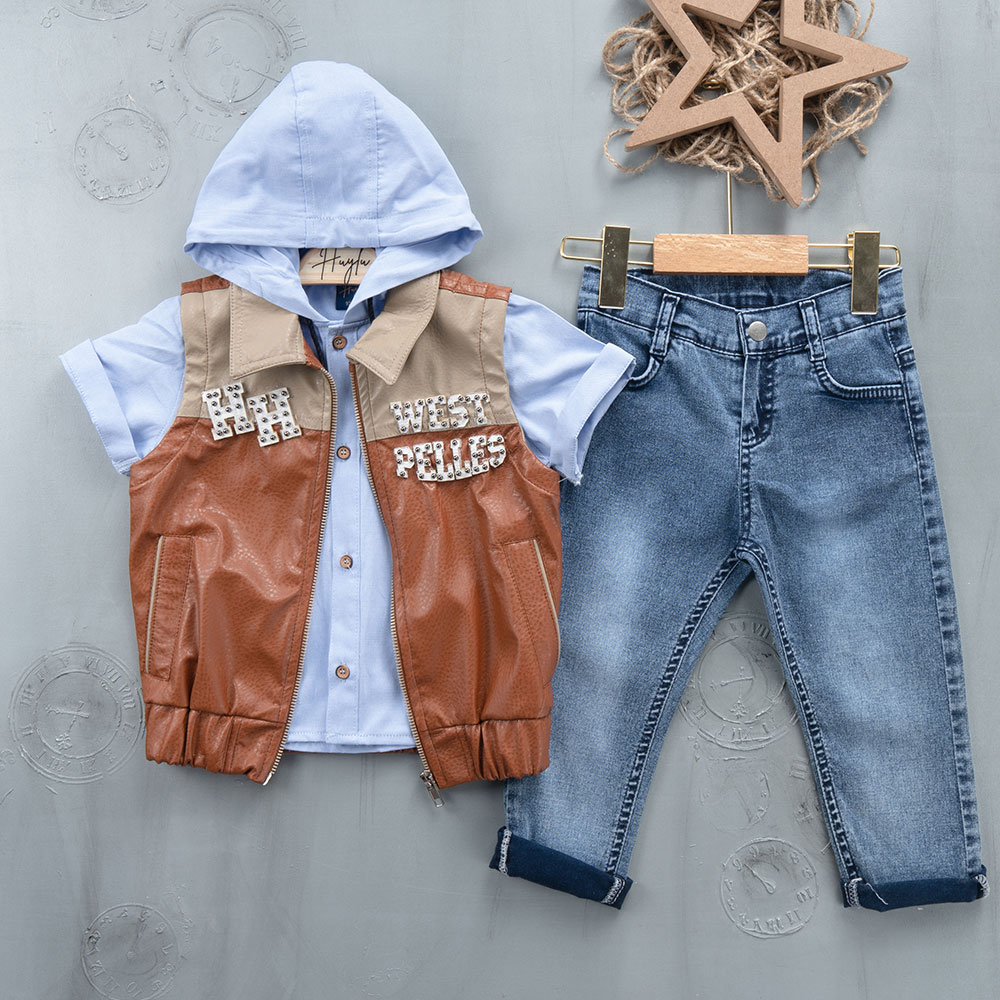 BOYS' SUIT WHOLESALE READY TOWEAR TRIPLE SUIT Jeans set with a fitted shirt and jacket 006