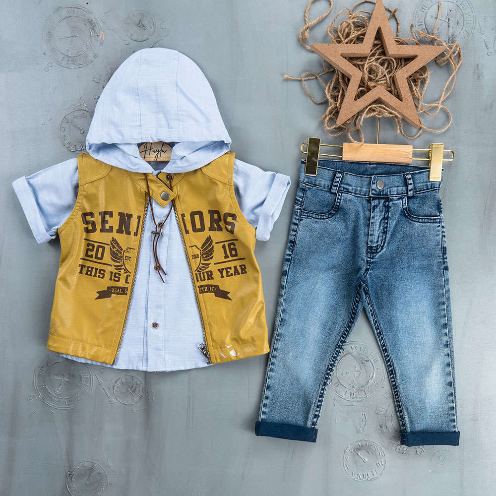 BOYS' SUIT WHOLESALE READY TOWEAR TRIPLE SUIT Jeans with a sweater and a shiny leather jacket 007