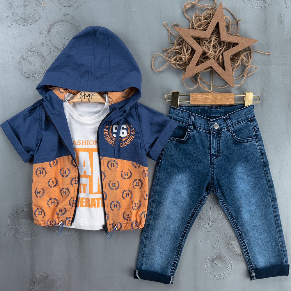 BOYS' SUIT WHOLESALE READY TOWEAR TRIPLE SUIT Jeans with a pullover and a two-tone jacket and a hoodie 008