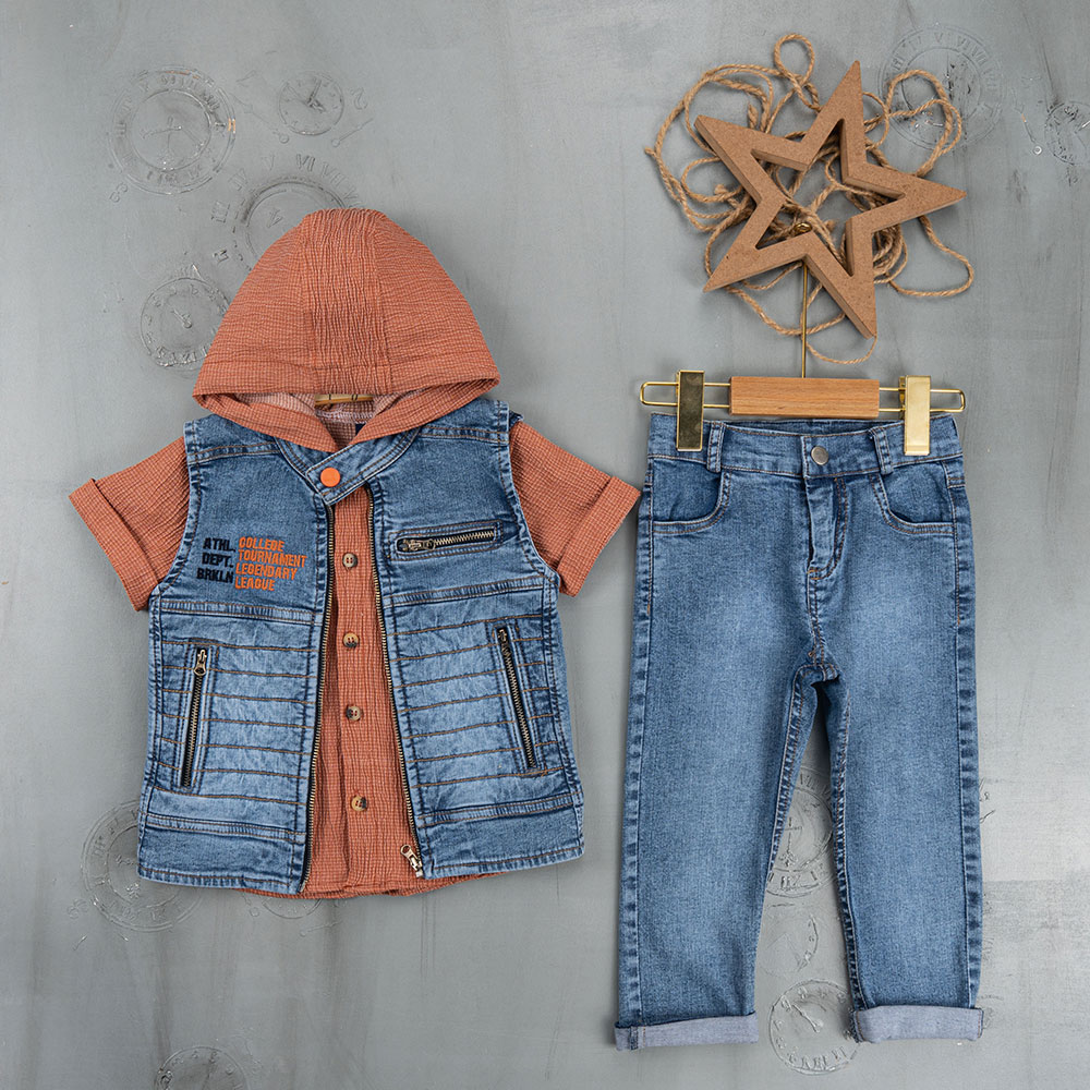 BOYS' SUIT WHOLESALE READY TOWEAR TRIPLE SUIT Half sleeve shirt with hoodie and denim jacket 020