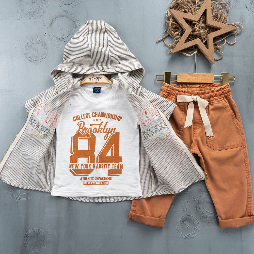 BOYS' SUIT WHOLESALE READY TOWEAR TRIPLE SUIT Canvas pants with a sweater and a striped jacket 024