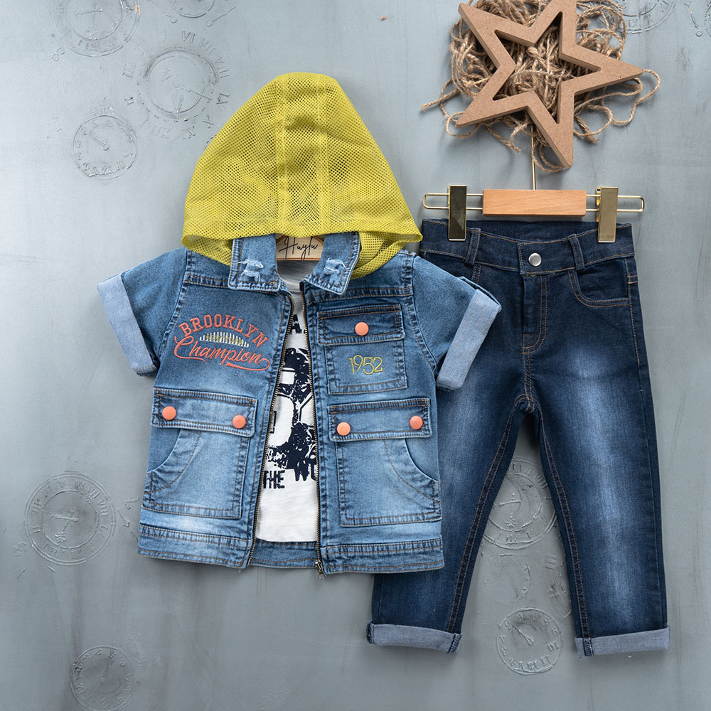 BOYS' SUIT WHOLESALE READY TOWEAR TRIPLE SUIT Jeans pants with a yellow hooded jacket and a denim jacket 025