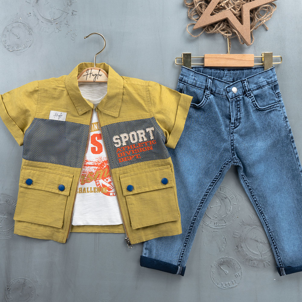BOYS' SUIT WHOLESALE READY TOWEAR TRIPLE SUIT Jeans with a white sweater and a two-tone jacket 028