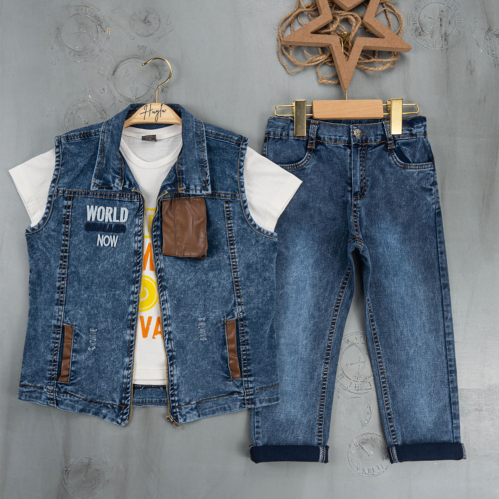 BOYS' SUIT WHOLESALE READY TOWEAR TRIPLE SUIT Jeans pants with a white sweater with a print and a short denim jacket with a red pocket 033