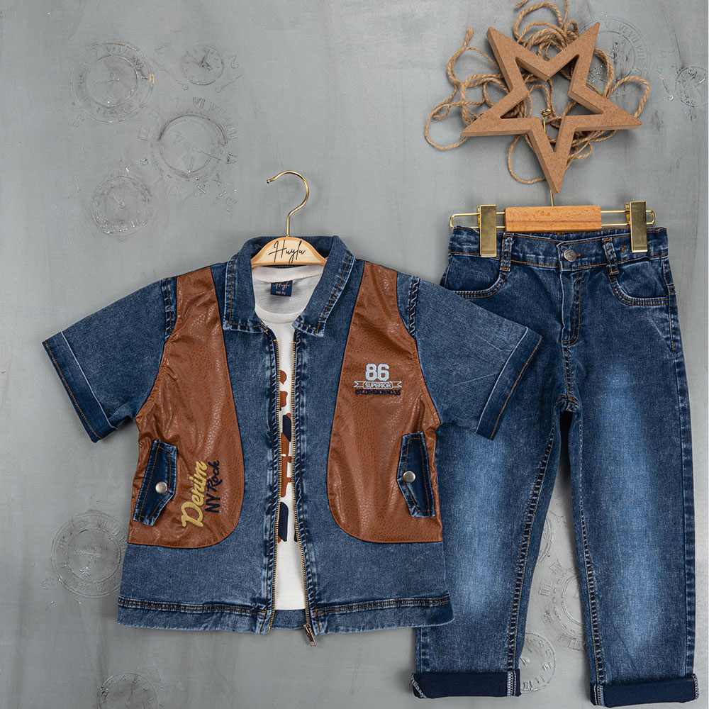 BOYS' SUIT WHOLESALE READY TOWEAR TRIPLE SUIT Jeans pants with a white printed sweater and a colorful sleeved denim jacket 034