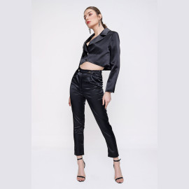 Women's Satin Black Trousers Blouse Set