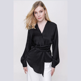 BELTED V-NECK SATIN BLOUSE - READY WOMEN'S CLOTHING WHOLESALE ready-made women's wholesale clothing women's clothing wholesale Turkish textile apparel