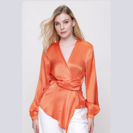 BELTED V-NECK SATIN BLOUSE - READY WOMEN'S CLOTHING WHOLESALE ready-made women's wholesale clothing women's clothing wholesale Turkish textile apparel
