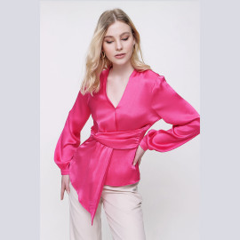 BELTED V-NECK SATIN BLOUSE - READY WOMEN'S CLOTHING WHOLESALE ready-made women's wholesale clothing women's clothing wholesale Turkish textile apparel