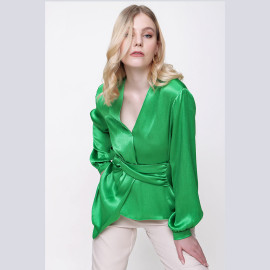 BELTED V-NECK SATIN BLOUSE - READY WOMEN'S CLOTHING WHOLESALE ready-made women's wholesale clothing women's clothing wholesale Turkish textile apparel