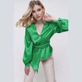 BELTED V-NECK SATIN BLOUSE - READY WOMEN'S CLOTHING WHOLESALE ready-made women's wholesale clothing women's clothing wholesale Turkish textile apparel
