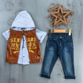 BOYS' SUIT WHOLESALE READY TOWEAR TRIPLE SUIT Jeans with a sweater and a shiny leather jacket 007