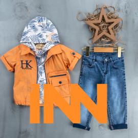 BOYS' SUIT WHOLESALE READY TOWEAR TRIPLE SUIT Jeans with a printed collar sweater and a single pocket jacket 009 BOYS' SUIT WHOLESALE READY TOWEAR TRIPLE SUIT Jeans with a printed collar sweater and a single pocket jacket 009