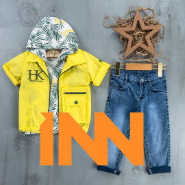 BOYS' SUIT WHOLESALE READY TOWEAR TRIPLE SUIT Jeans with a printed collar sweater and a single pocket jacket 009 BOYS' SUIT WHOLESALE READY TOWEAR TRIPLE SUIT Jeans with a printed collar sweater and a single pocket jacket 009