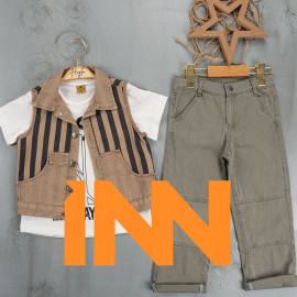 BOYS' SUIT WHOLESALE READY TOWEAR TRIPLE SUIT Bir kazak ve bir palmiye görüntüsü ceketi ile kanvas pantolon 015