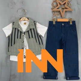BOYS' SUIT WHOLESALE READY TOWEAR TRIPLE SUIT Bir kazak ve bir palmiye görüntüsü ceketi ile kanvas pantolon 015
