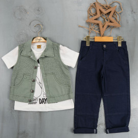 BOYS' SUIT WHOLESALE READY TOWEAR TRIPLE SUIT Bir kazak ve bir palmiye görüntüsü ceketi ile kanvas pantolon 015