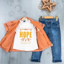 BOYS' SUIT WHOLESALE READY TOWEAR TRIPLE SUIT Jeans pants with a shirt and a quarter-sleeved jacket with two pockets 017