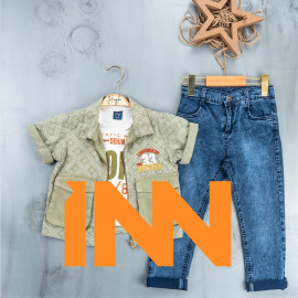 BOYS' SUIT WHOLESALE READY TOWEAR TRIPLE SUIT Jeans pants with a shirt and a quarter-sleeved jacket with two pockets 017
