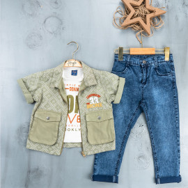 BOYS' SUIT WHOLESALE READY TOWEAR TRIPLE SUIT Jeans pants with a shirt and a quarter-sleeved jacket with two pockets 017