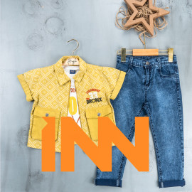 BOYS' SUIT WHOLESALE READY TOWEAR TRIPLE SUIT Jeans pants with a shirt and a quarter-sleeved jacket with two pockets 017
