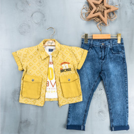 BOYS' SUIT WHOLESALE READY TOWEAR TRIPLE SUIT Jeans pants with a shirt and a quarter-sleeved jacket with two pockets 017