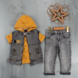 BOYS' SUIT WHOLESALE READY TOWEAR TRIPLE SUIT Half sleeve shirt with hoodie and denim jacket 020