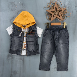 BOYS' SUIT WHOLESALE READY TOWEAR TRIPLE SUIT Jeans with a yellow hoodie and a denim jacket 021
