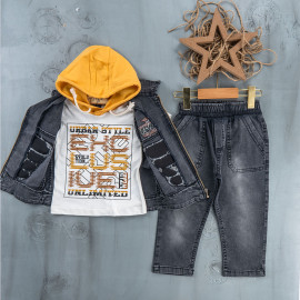 BOYS' SUIT WHOLESALE READY TOWEAR TRIPLE SUIT Jeans with a yellow hoodie and a denim jacket 021