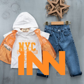 BOYS' SUIT WHOLESALE READY TOWEAR TRIPLE SUIT Jeans with a white hoodie and a spring jacket 022 BOYS' SUIT WHOLESALE READY TOWEAR TRIPLE SUIT Jeans with a white hoodie and a spring jacket 022