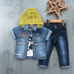 BOYS' SUIT WHOLESALE READY TOWEAR TRIPLE SUIT Jeans pants with a yellow hooded jacket and a denim jacket 025