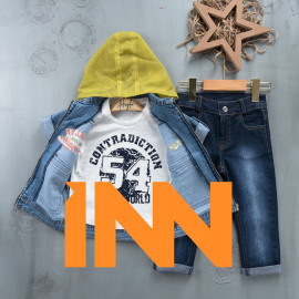 BOYS' SUIT WHOLESALE READY TOWEAR TRIPLE SUIT Jeans pants with a yellow hooded jacket and a denim jacket 025