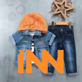 BOYS' SUIT WHOLESALE READY TOWEAR TRIPLE SUIT Jeans pants with a yellow hooded jacket and a denim jacket 025