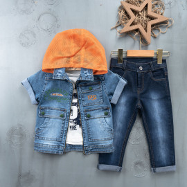 BOYS' SUIT WHOLESALE READY TOWEAR TRIPLE SUIT Jeans pants with a yellow hooded jacket and a denim jacket 025