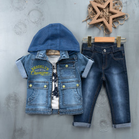 BOYS' SUIT WHOLESALE READY TOWEAR TRIPLE SUIT Jeans pants with a yellow hooded jacket and a denim jacket 025