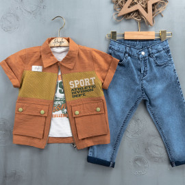 BOYS' SUIT WHOLESALE READY TOWEAR TRIPLE SUIT Jeans with a white sweater and a two-tone jacket 028