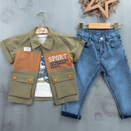 BOYS' SUIT WHOLESALE READY TOWEAR TRIPLE SUIT Jeans with a white sweater and a two-tone jacket 028