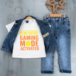 BOYS' SUIT WHOLESALE READY TOWEAR TRIPLE SUIT Jeans pants with a white printed sweater and a cropped denim jacket 032