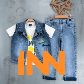 BOYS' SUIT WHOLESALE READY TOWEAR TRIPLE SUIT Jeans pants with a white printed sweater and a cropped denim jacket 032