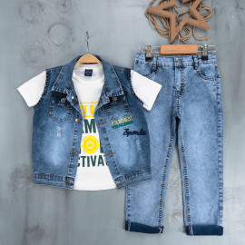 BOYS' SUIT WHOLESALE READY TOWEAR TRIPLE SUIT Jeans pants with a white printed sweater and a cropped denim jacket 032