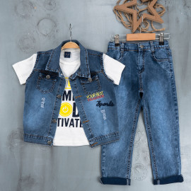 BOYS' SUIT WHOLESALE READY TOWEAR TRIPLE SUIT Jeans pants with a white printed sweater and a cropped denim jacket 032