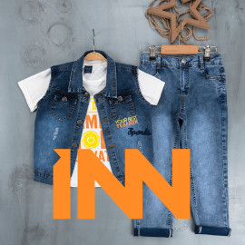BOYS' SUIT WHOLESALE READY TOWEAR TRIPLE SUIT Jeans pants with a white printed sweater and a cropped denim jacket 032