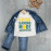 BOYS' SUIT WHOLESALE READY TOWEAR TRIPLE SUIT Jeans pants with a white sweater with a print and a short denim jacket with a red pocket 033