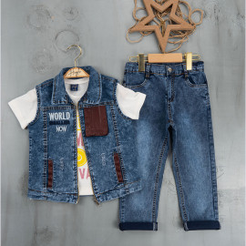 BOYS' SUIT WHOLESALE READY TOWEAR TRIPLE SUIT Jeans pants with a white sweater with a print and a short denim jacket with a red pocket 033