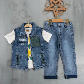 BOYS' SUIT WHOLESALE READY TOWEAR TRIPLE SUIT Jeans pants with a white sweater with a print and a short denim jacket with a red pocket 033