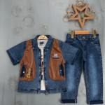 BOYS' SUIT WHOLESALE READY TOWEAR TRIPLE SUIT Jeans pants with a white printed sweater and a colorful sleeved denim jacket 034