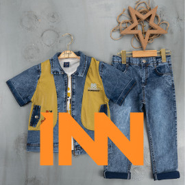 BOYS' SUIT WHOLESALE READY TOWEAR TRIPLE SUIT Jeans pants with a white printed sweater and a colorful sleeved denim jacket 034