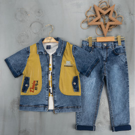 BOYS' SUIT WHOLESALE READY TOWEAR TRIPLE SUIT Jeans pants with a white printed sweater and a colorful sleeved denim jacket 034